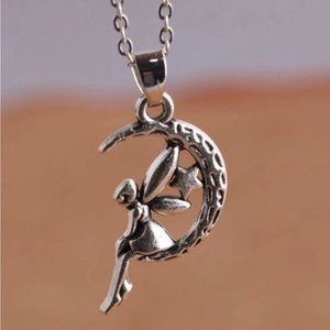 “Fairy on the Moon” Crescent Star Pensive Feminine Fantasy Sprite Pixie Necklace